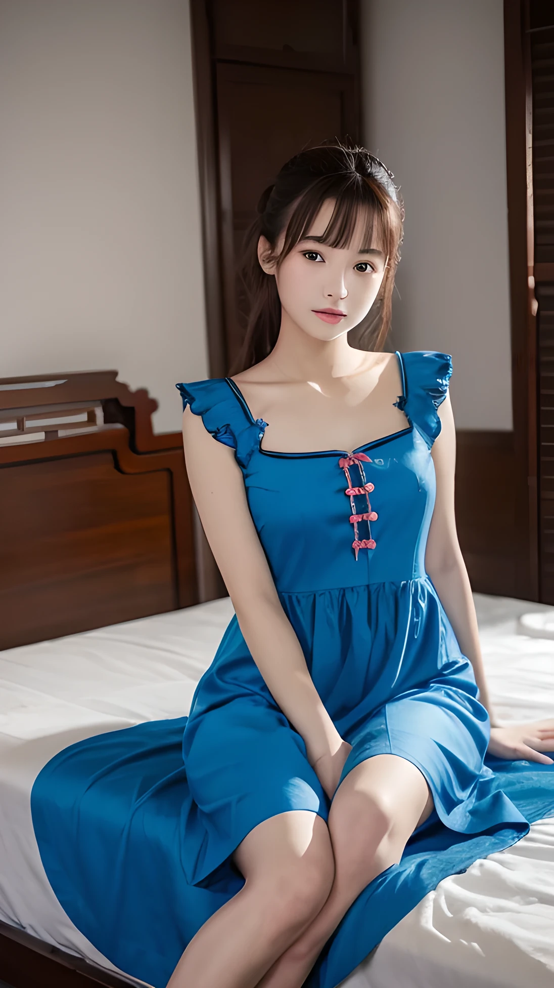 a photo of a young woman wearing a blue dress on top of a bed, 1girl, solo, chinese clothes, china dress, dress, realistic