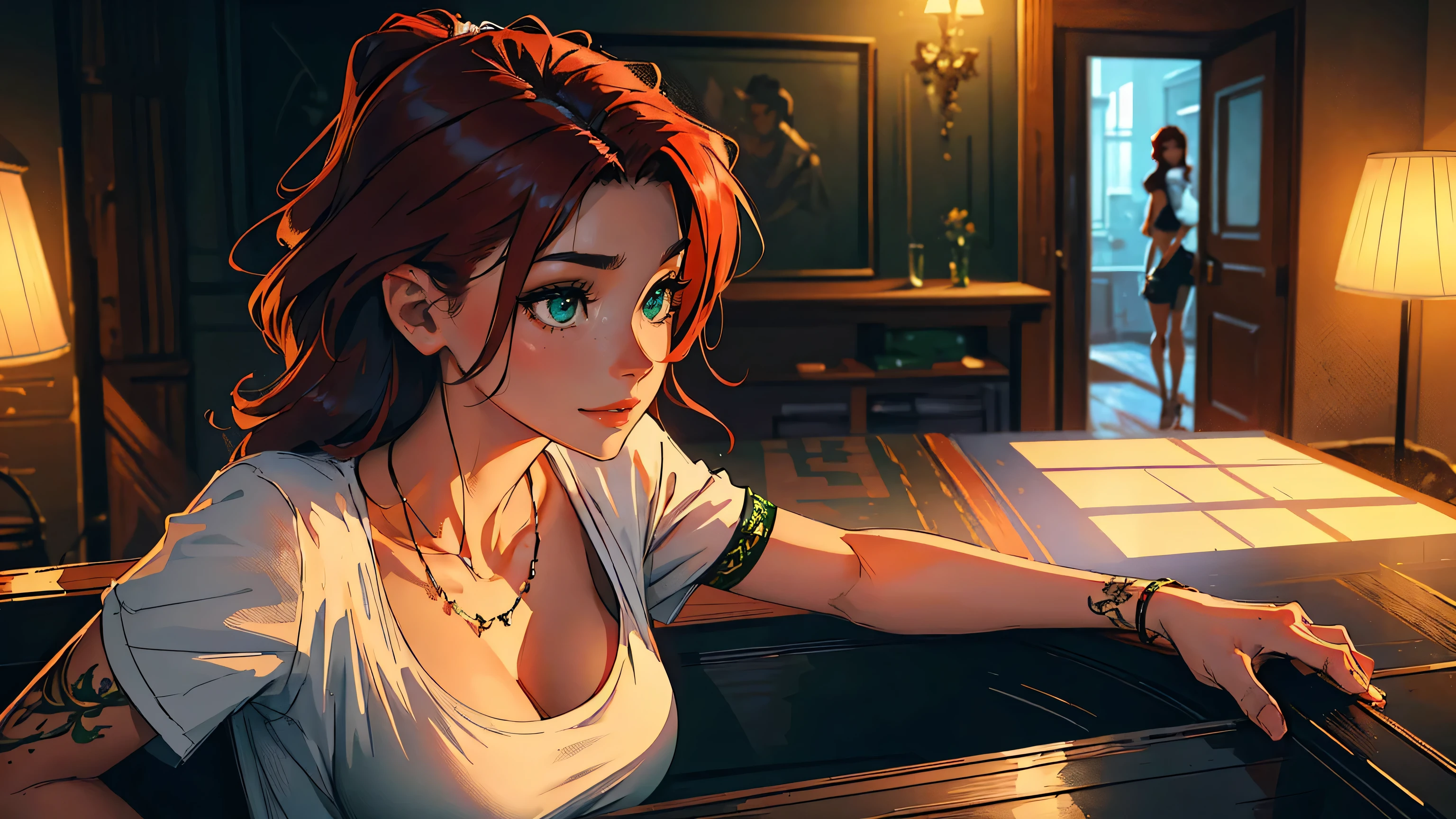 high resolution, Soft light,1womanl, Solo, Hips up, (Detailed face),tattoo, jewelry, t-shirt with rough chest, Beautiful soldiers, Grab the audience's eye, Lover's perspective, Invitation expression, Sexy smile, Perfect style, Perfect balance, Detailed skin, mischievous gaze, chest visible,red hair ,green eyes