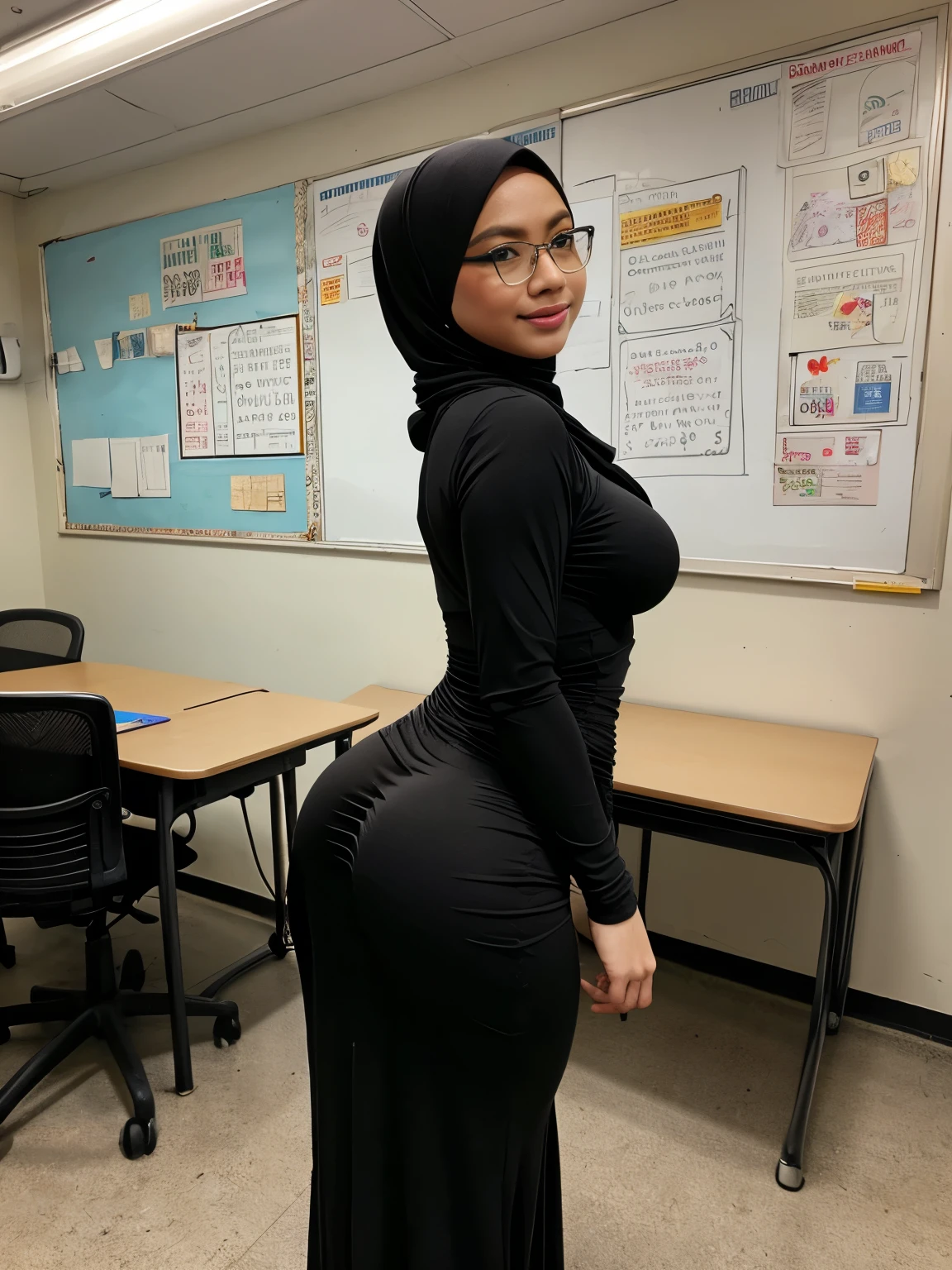 (double exposure), back view, (camera view slightly from above), (full body photo), A gorgeous matured teacher stand behind white board,((35 year old)), ((malay women)), slightly curvy fit body shape, bigger ass, giga_busty, huge thighs, wearing ((provoking daring micro bikini)), ((stockings)), ((black hijab)), school classroom,  pov, solo, single,  ((SFW)), bare shoulder, skin texture, ultra high res, RAW, instagram LUT, masterpiece, best quality, ultra-detailed, ultra high resolution, RAW, 4k, (looking at viewer), extremely detailed eyes and face, (beautiful detailed nose), (beautiful detailed thigh), (beautiful detailed eyes), perfect body proportion, (looking at the camera), red lips, (bare belly's),