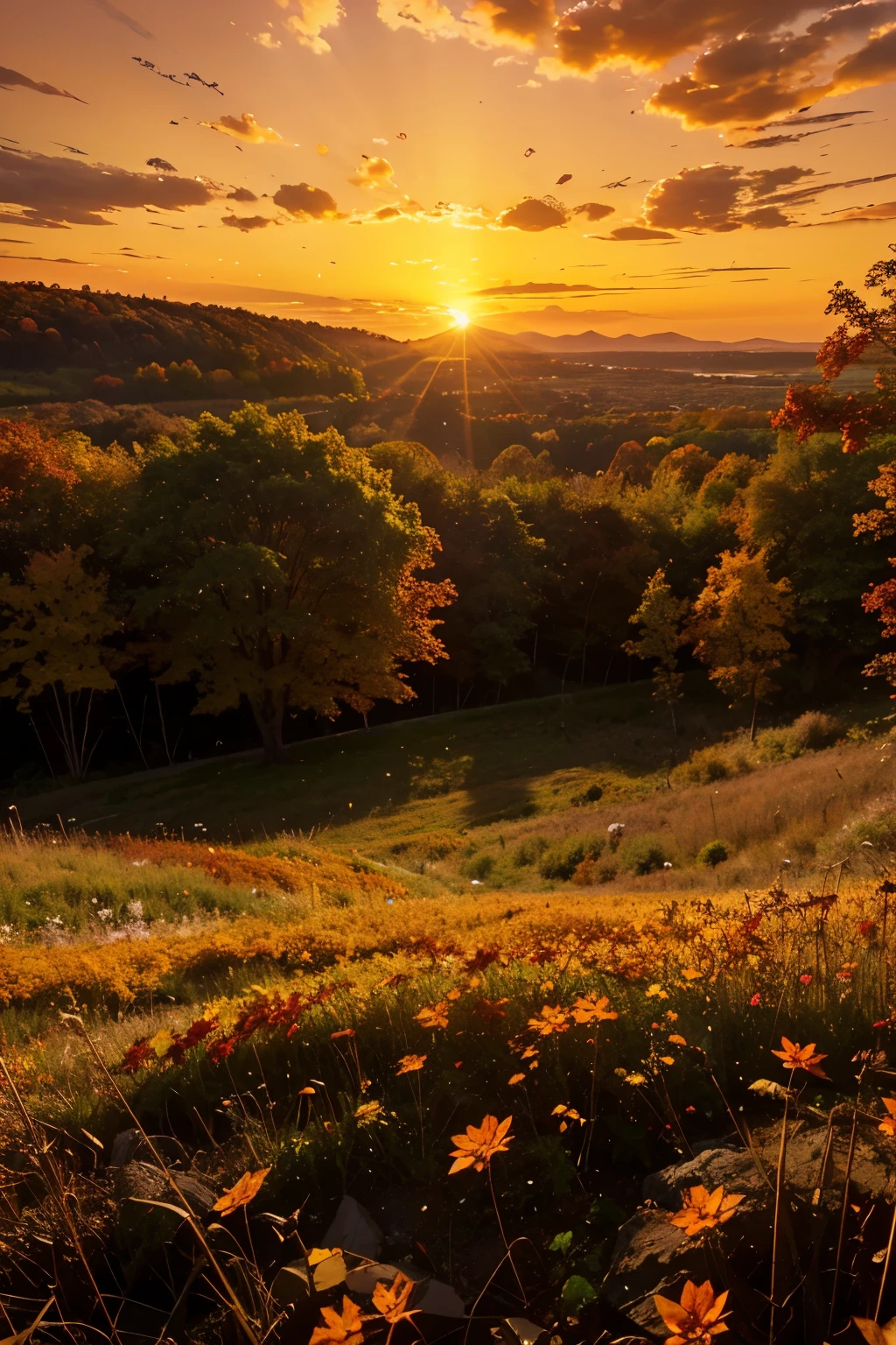 masutepiece,Best Quality,lycoris,flower field,depth of fields,Dusk,Orange sky,Sunset,Glow,lake,Autumn,Maple,leaves falling, mont ((Tileset))
