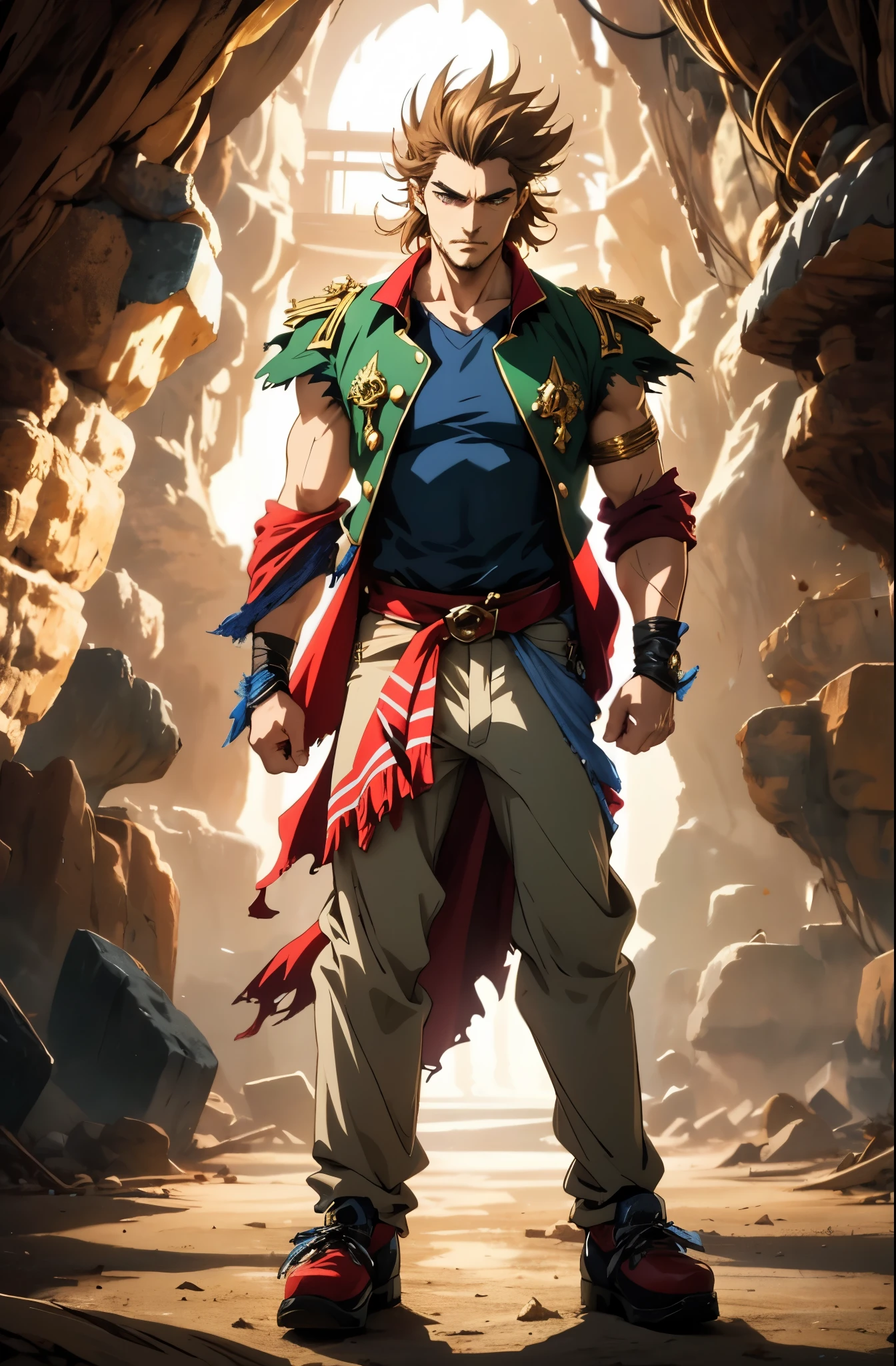 A man with brown disheveled and bristling hair, sharp eyes, a dignified expression, two green war marks on his face, a fantasy-style tattered brown coat with one sleeve torn, a black sleeveless undershirt, a red cloth belt around his waist, light-colored trousers, thick cloth shoes, a strong aura surrounds him, stands in a fantastical canyon cave, this character embodies a finely crafted fantasy-style practitioner in anime style, exquisite and mature manga art style, dramatic, high definition, best quality, highres, ultra-detailed, ultra-fine painting, extremely delicate, professional, perfect body proportions, golden ratio, anatomically correct, symmetrical face, extremely detailed eyes and face, high quality eyes, creativity, RAW photo, UHD, 32k, Natural light, cinematic lighting, masterpiece-anatomy-perfect, masterpiece:1.5