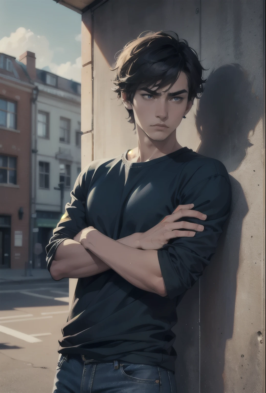 portrait, 22 years depressive guy, casual clothes, blue shirt, jeans, sadness, bored, emo,, scrawny, meager, scraggy, dry, alone, light, day, university campus