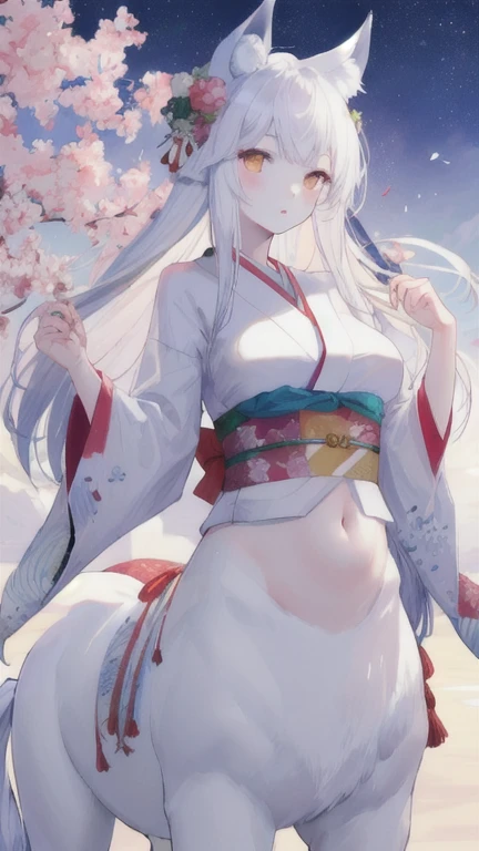 (best quality, masterpiece), 1 girl, centaur, It takes, White skin, kimono, belly button t-shirt, 아름다운 소녀 perfect wolf photo, perfect wolf photo