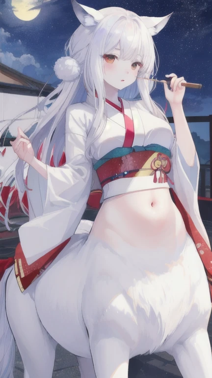 (best quality, masterpiece), 1 girl, centaur, It takes, White skin, kimono, belly button t-shirt, 아름다운 소녀 perfect wolf photo, perfect wolf photo