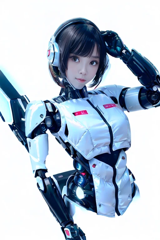 A girl in a futuristic bright white heavily armored robot suit takes a photo、perfect android girl, Female cyborg body, Perfect anime cyborg woman, Beautiful female android!, Female Robot, completely robot!! girl, Cute cyborg girl, Cyber Suit, Girl wearing mecha cybernetic armor, Cyber Suit, beutiful white girl cyborg, Beautiful female android, Beautiful girl cyborg、Cute cyborg girl with short bob hair、Beautiful android sculpture model、(Laughter)、((Rounded, white, sturdy armor))、(((Equipped with long sensor antennas on both ears)))、(((Robot Girl)))、(((Android girls)))、