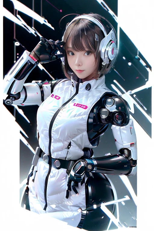 A girl in a futuristic bright white heavily armored robot suit takes a photo、perfect android girl, Female cyborg body, Perfect anime cyborg woman, Beautiful female android!, Female Robot, completely robot!! girl, Cute cyborg girl, Cyber Suit, Girl wearing mecha cybernetic armor, Cyber Suit, beutiful white girl cyborg, Beautiful female android, Beautiful girl cyborg、Cute cyborg girl with short bob hair、Beautiful android sculpture model、(Laughter)、((Rounded, white, sturdy armor))、(((Equipped with long sensor antennas on both ears)))、(((Robot Girl)))、(((Android girls)))、