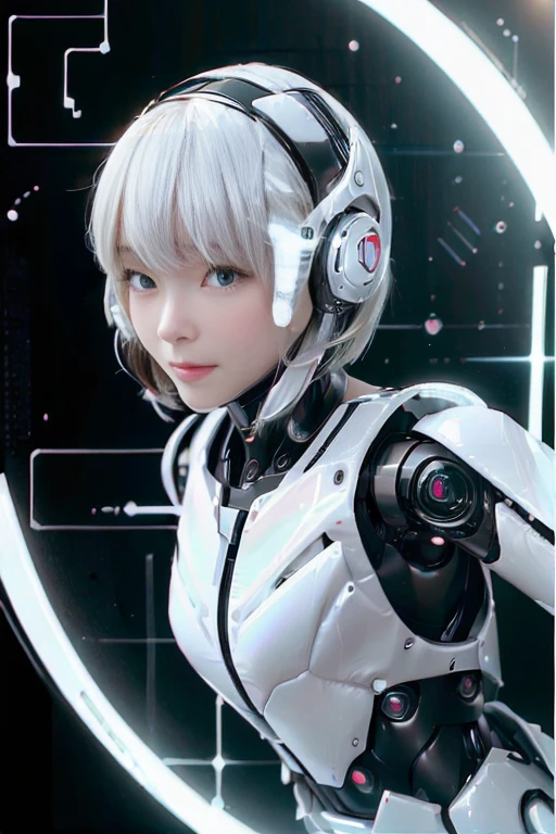 A girl in a futuristic bright white heavily armored robot suit takes a photo、perfect android girl, Female cyborg body, Perfect anime cyborg woman, Beautiful female android!, Female Robot, completely robot!! girl, Cute cyborg girl, Cyber Suit, Girl wearing mecha cybernetic armor, Cyber Suit, beutiful white girl cyborg, Beautiful female android, Beautiful girl cyborg、Cute cyborg girl with short bob hair、Beautiful android sculpture model、(Laughter)、((Rounded, white, sturdy armor))、(((Equipped with long sensor antennas on both ears)))、(((Robot Girl)))、(((Android girls)))、