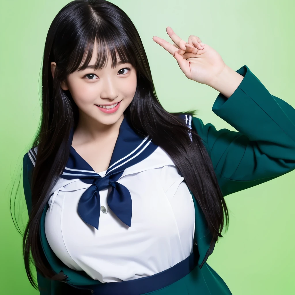 女の子1 person, alone, highest quality, 8k, Japanese women photos, 17 years old, kindergarten teacher, 長くてストレートなBlack Hair,, ((Plump)), ((Big Breasts)),Sailor suit,Sailor suit,, The best smile,Grow eyes,  Shining happiness, Caring personality, Sweet feminine aura, Calm but firm attitude, Lightly freckled cheeks, A spirit of warmth and joy, Discreet and perfect for class,Eyes that shine with devotion, a humble and dedicated kindergarten teacher, 1 person,超Big Breasts,Big Breasts,Sailor suit,mini skirt,Black HairのストレートLong Hair,Long Hair,Black Hair,17 years old,valley,My chest is about to burst,Cute pose,Cute pose,Purikura,Purikura,Finger Heart,The whole body was photographed,The whole body was reflected,Leather shoes,Solid green background,Solid green background,Green background