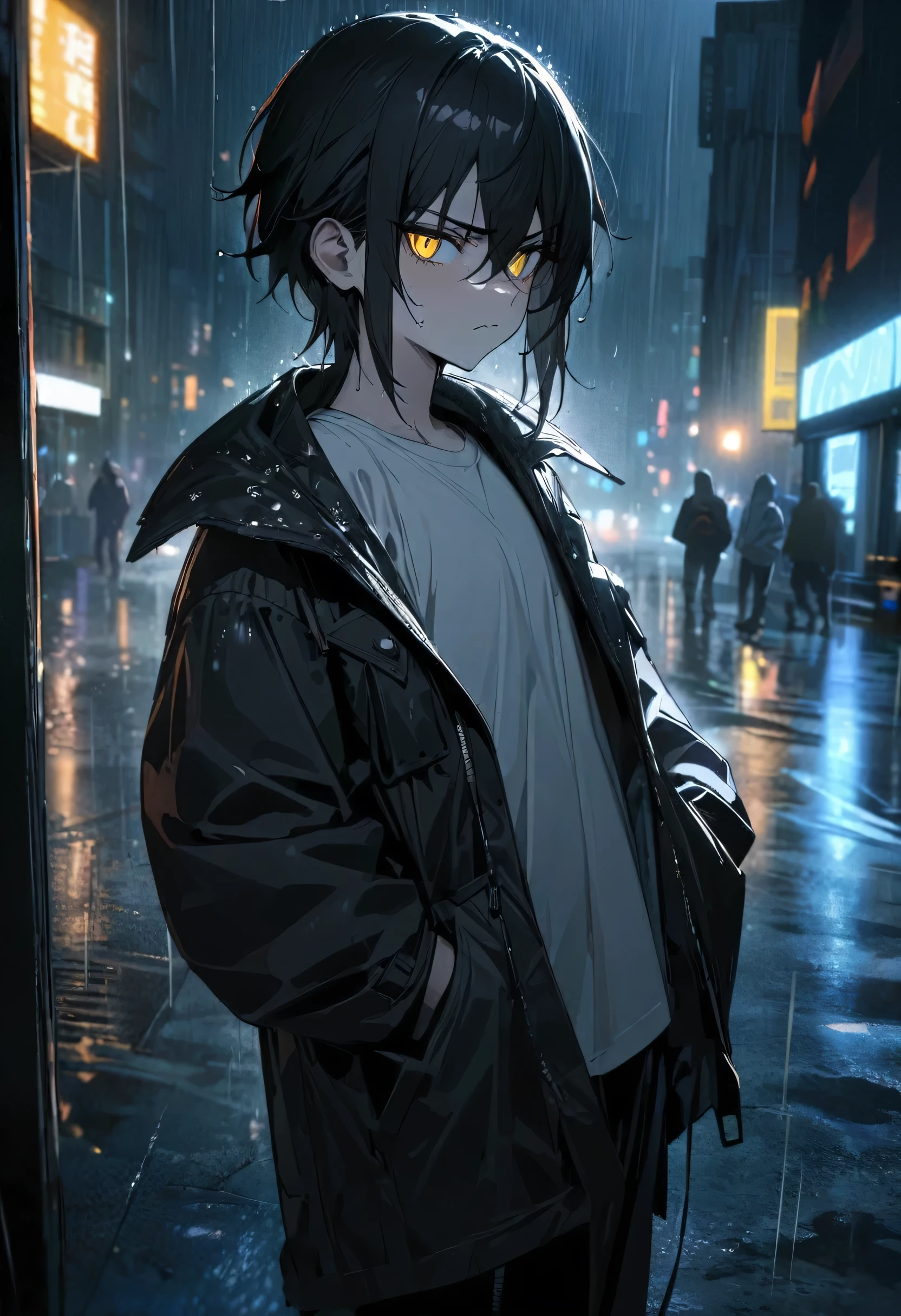 One person, androgynous, teenager, very short black hair, Yellow eyes, serious face, sharp teeth, Black coat, white shirt, black cargo pants, gray sneakers, hands in coat pocket, city at night, rain, masterpiece, high details, high quality, best quality, highres.