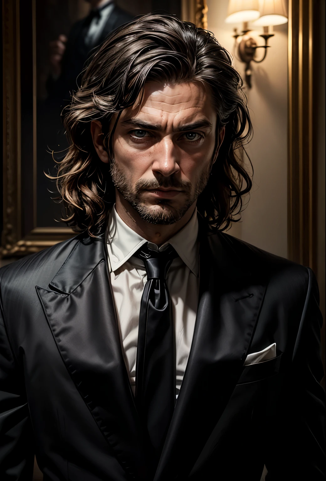 (((loosing black tie))), (masterpiece, best quality:1.4), portrait Solo, 30 years man, beard, european, brown eyes, serious eyes, black suit, brown medium hair, shoulder-length hair,wavy hair, sharp eyes,