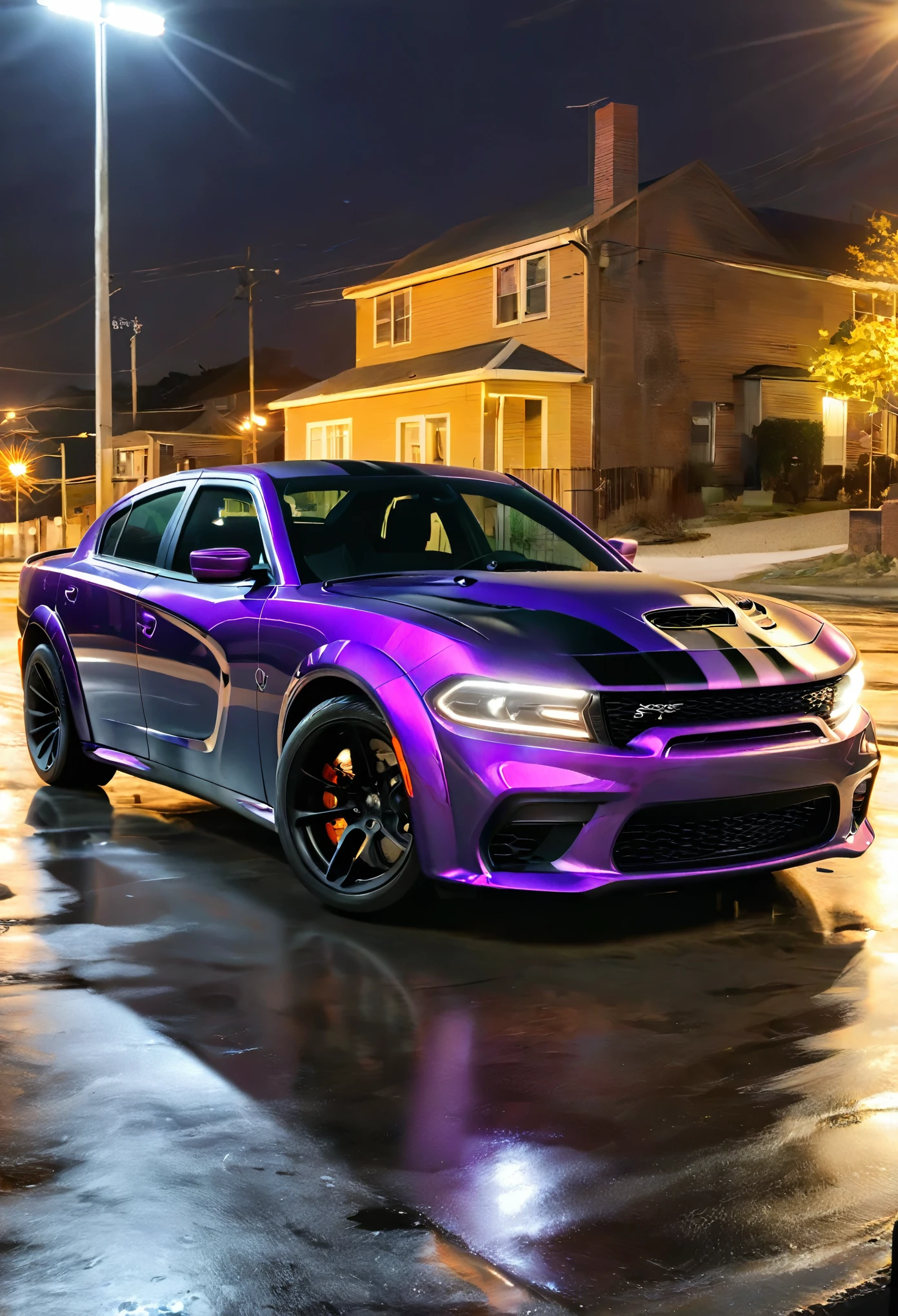 two black and purple striped dodge charger srt hellcatsat night 4k realistic