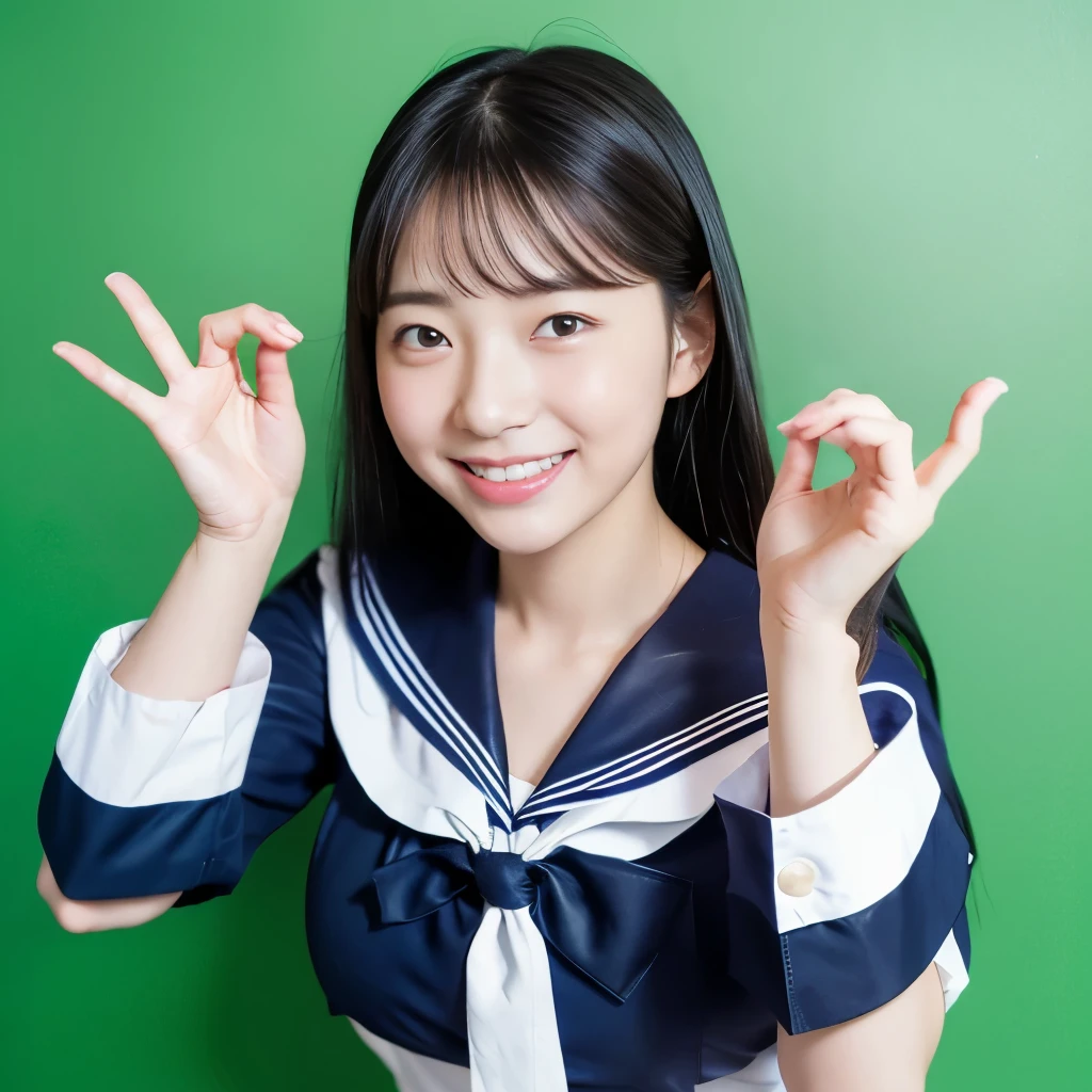 1 person, alone, highest quality, 8k, Japanese women photos, 17 indergarten teacher, 長くてストレートなBlack Hair,, ((Plump)), ((Big Breasts)),Sailor suit,Sailor suit,, The best smile,Grow eyes, Shining happiness, Caring personality, Sweet feminine aura, Calm but firm attitude, Lightly freckled cheeks, A spirit of warmth and joy, Discreet and perfect for class,Eyes that shine with devotion, a humble and dedicated kindergarten teacher, 1 person,超Big Breasts,Big Breasts,Sailor suit,mini skirt,Black HairのストレートLong Hair,Long Hair,Black Hair,17 years old,vat is about to burst,Cute pose,Cute pose,Purikura,Purikura,Finger Heart,The whole body was photographed,The whole body was reflected,Leather shoes,Solid green background,Solid green background,Green background