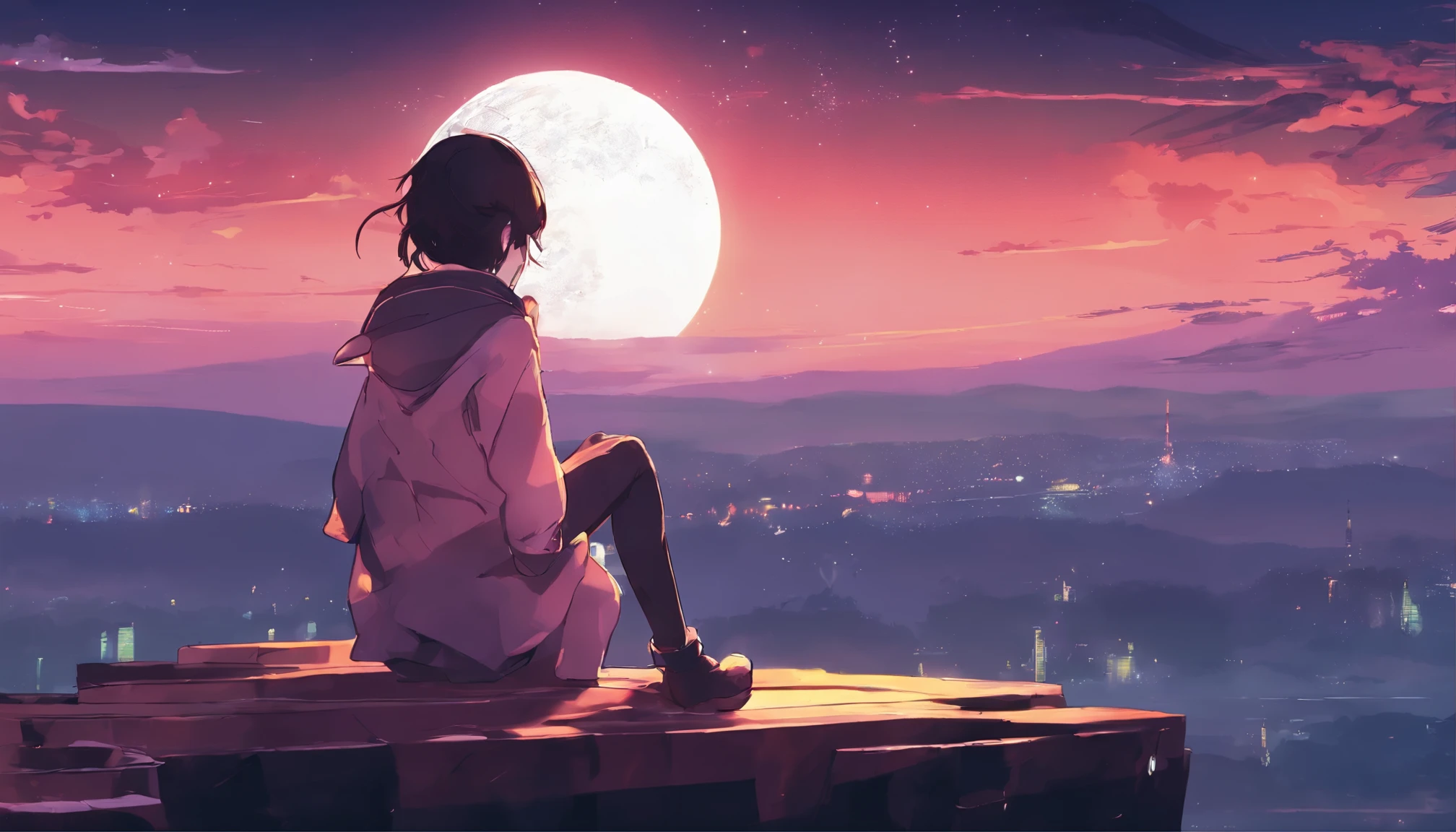 Pretty anime girl sitting on a ledge and looking at the moon, digitale Kunst von Alena Aenami, tumblr, digital art, lofi artstyle, 4k Anime-Hintergrundbild, sitzt auf einem Dach, Anime-Hintergrund 4k, Anime-Tapete 4k, Anime aesthetics, Anime-Kunst-Hintergrundbild 4k, Lofi feeling, Anime-Kunst-Tapete 4 K, Anime-Wallpaper