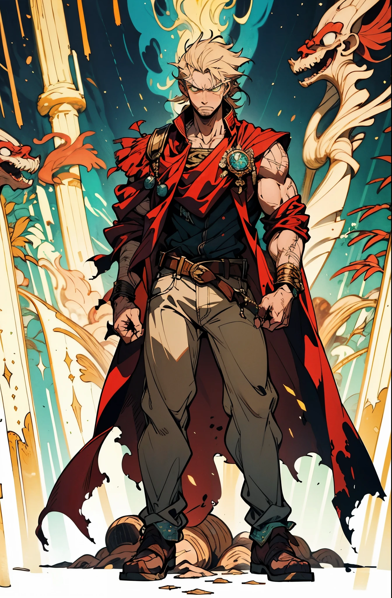 A man with brown disheveled and bristling hair, sharp eyes, a dignified expression, two green war marks on his face, a fantasy-style tattered brown coat with one sleeve torn, a black sleeveless undershirt, a red cloth belt around his waist, light-colored trousers, thick cloth shoes, a strong aura surrounds him, stands in a fantastical canyon cave, this character embodies a finely crafted fantasy-style practitioner in anime style, exquisite and mature manga art style, dramatic, high definition, best quality, highres, ultra-detailed, ultra-fine painting, extremely delicate, professional, perfect body proportions, golden ratio, anatomically correct, symmetrical face, extremely detailed eyes and face, high quality eyes, creativity, RAW photo, UHD, 32k, Natural light, cinematic lighting, masterpiece-anatomy-perfect, masterpiece:1.5