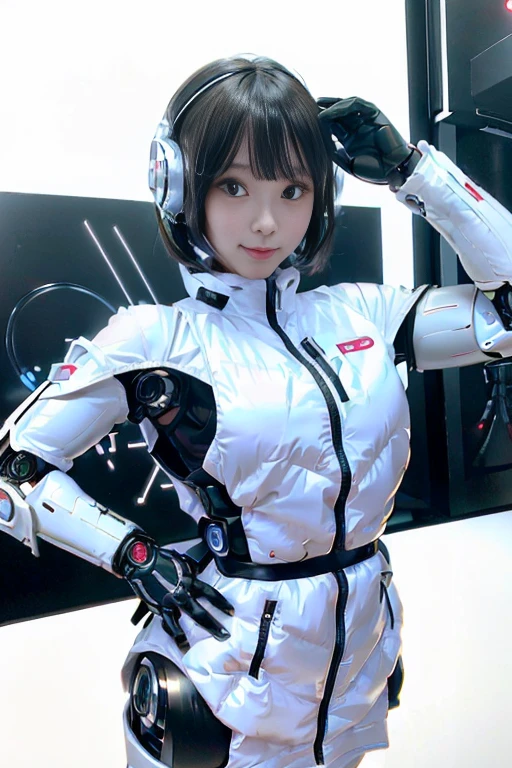 A girl in a futuristic bright white heavily armored robot suit takes a photo、perfect android girl, Female cyborg body, Perfect anime cyborg woman, Beautiful female android!, Female Robot, completely robot!! girl, Cute cyborg girl, Cyber Suit, Girl wearing mecha cybernetic armor, Cyber Suit, beutiful white girl cyborg, Beautiful female android, Beautiful girl cyborg、Cute cyborg girl with short bob hair、Beautiful android sculpture model、(Laughter)、((Rounded, white, sturdy armor))、(((Equipped with long sensor antennas on both ears)))、(((Robot Girl)))、(((Android girls)))、