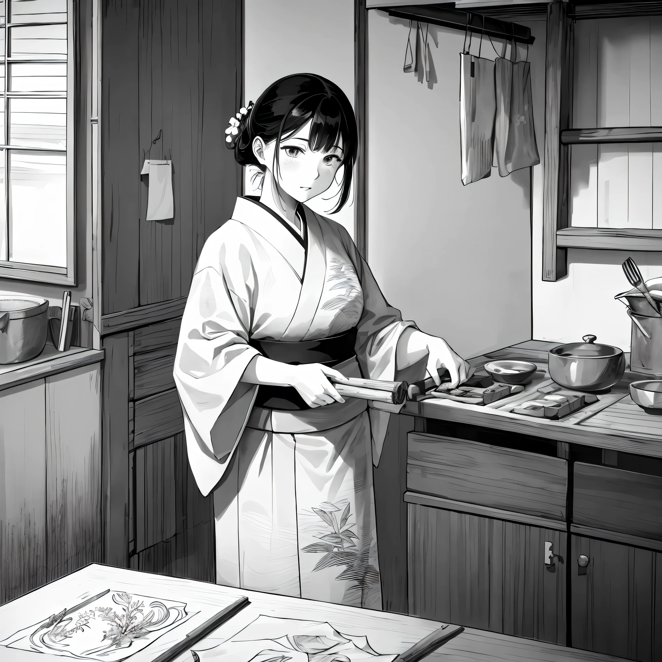 He even drew the texture of Japanese paper,and produced a black and white woodblock print using ink. Early Showa period, She was about 32 years old, She is a kimono and Kappou kimono、A woman without strong self-esteem. Cutting carrots in the old kitchen. You can also see bamboo poles.