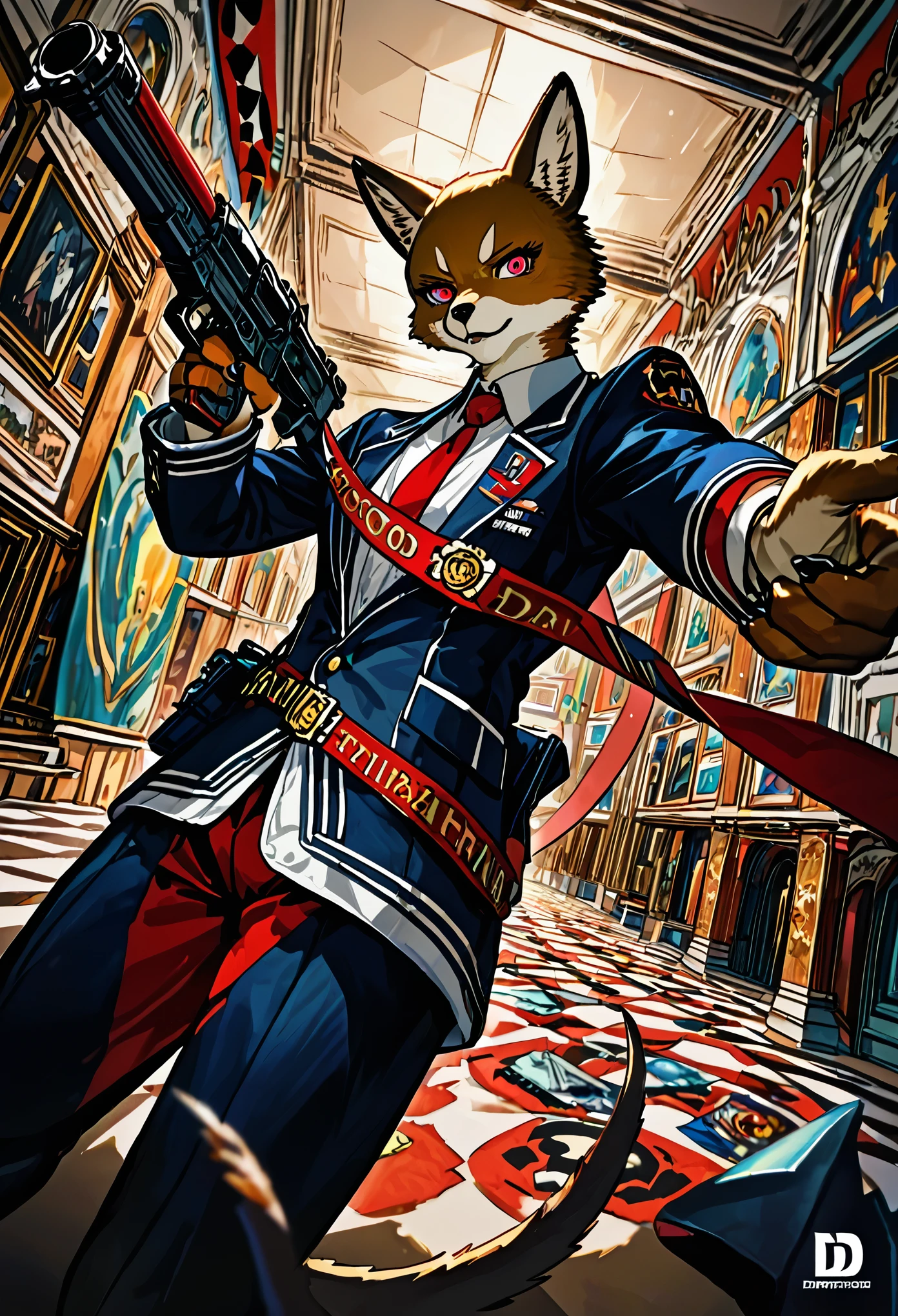 dynamic angle, top quality, best quality, High-quality illustrations, masterpiece, super high resolution, detailed background, detailed background, biohazard, Dim hotel hallway, gun fight, game package, absurdres(highly detailed beautiful face and eyes)perfect anatomy, expression, good lighting, cinematic shadow(kemono, furry anthro),