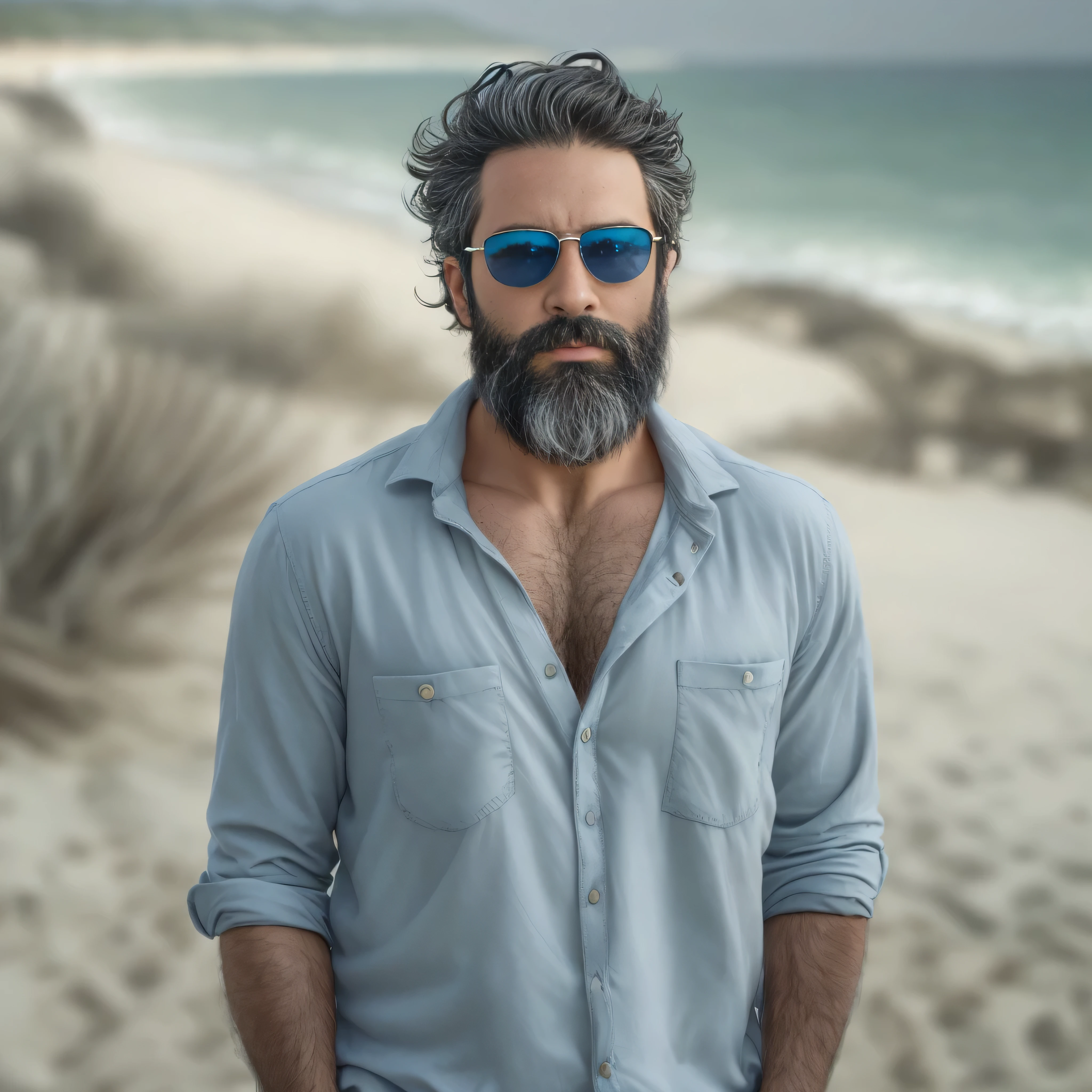 Create an image of a 38-year-old man with a beard and lots of chest hair.. he wears sunglasses. The man should have a confident and relaxed expression.. La escena es una playa soleada con cielos azules claros., Arena blanca y suave, y suaves olas al fondo. The man is standing near the coast with the ocean behind him.. He is dressed in casual beach clothes., like swimsuits and flip flops. The image must be of the highest quality., con piel texturizada y detalles realistas.