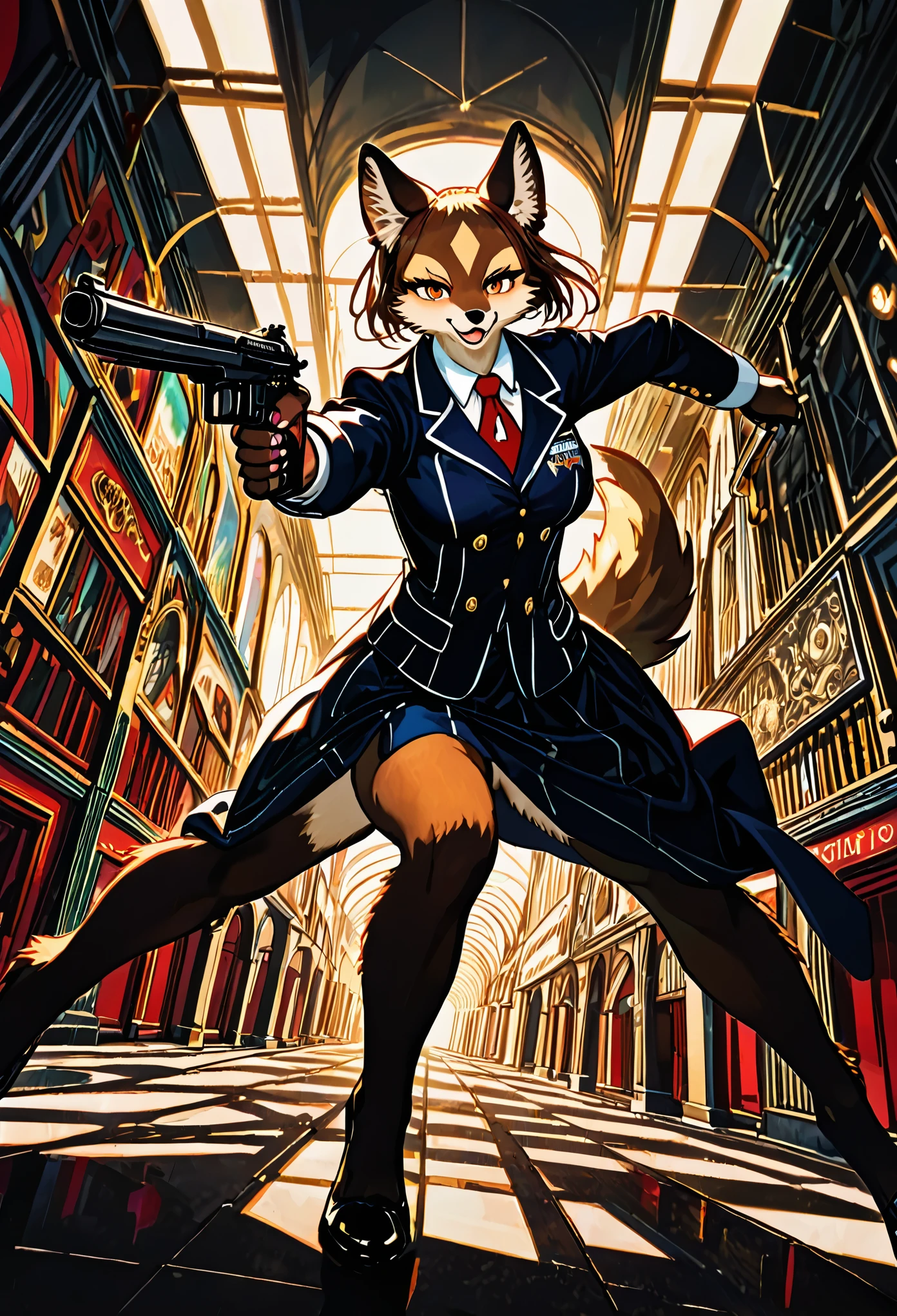 dynamic angle, top quality, best quality, High-quality illustrations, masterpiece, super high resolution, detailed background, detailed background, biohazard, Dim hotel hallway, gun fight, game package, absurdres(highly detailed beautiful face and eyes)perfect anatomy, expression, good lighting, cinematic shadow(kemono, furry anthro),