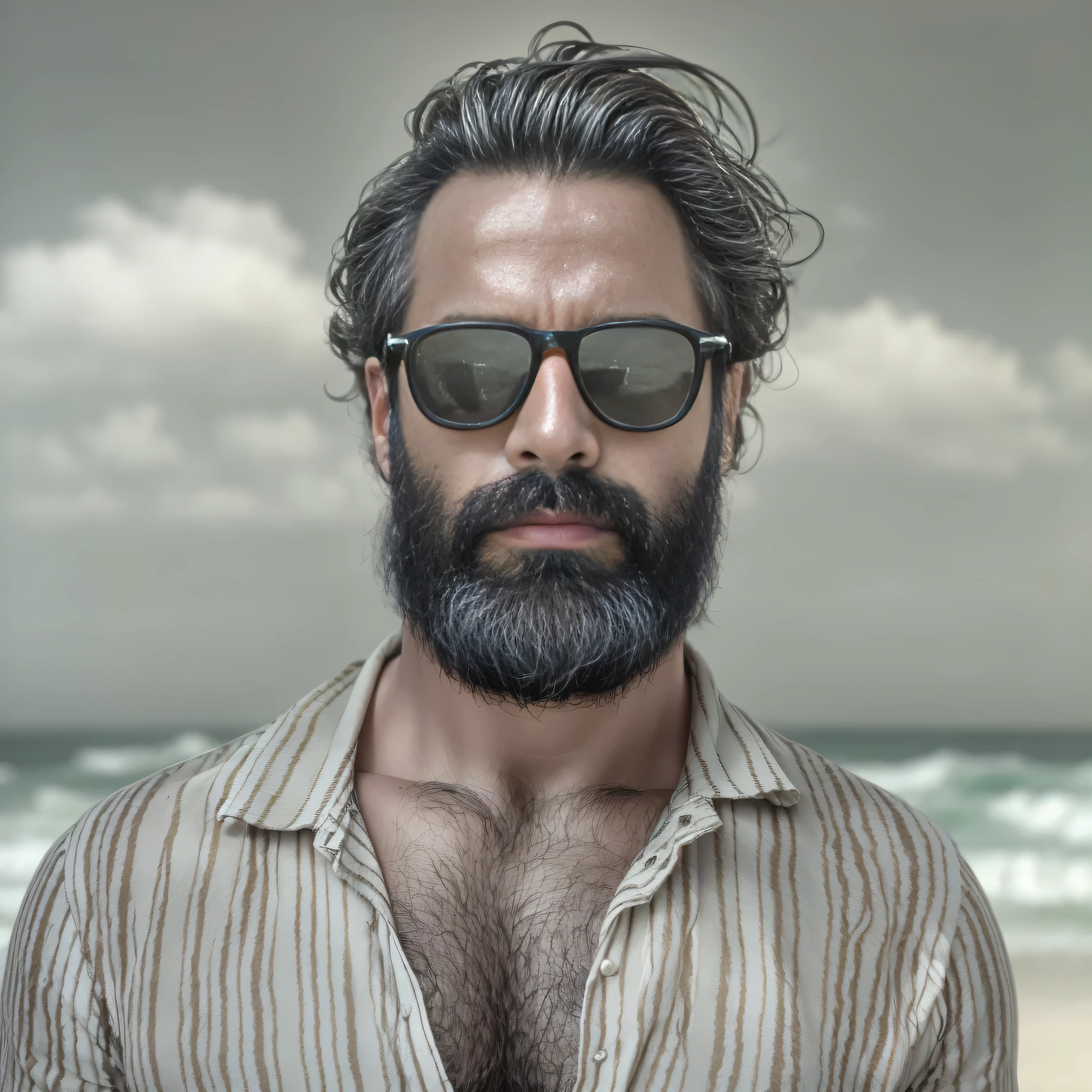 Create an image of a 38-year-old man with a beard and lots of chest hair.. he wears sunglasses. The man should have a confident and relaxed expression.. La escena es una playa soleada con cielos azules claros., Arena blanca y suave, y suaves olas al fondo. The man is standing near the coast with the ocean behind him.. He is dressed in casual beach clothes., like swimsuits and flip flops. The image must be of the highest quality., con piel texturizada y detalles realistas.