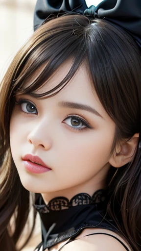 (((masterpiece, highest quality, Super detailed))), (((1 Infinite Magical Girl))), 14 years old, (((highly detailed face))), Small, thin nose, thin mouth with small lips, (((Very sharp focused eyes))), Precise pale gray eyes with very large slits, shine like a jewel. very long eyelashes, long black hair with black vertical curls,, with fringes, ((Steampunk fashion, gothic lolita fashion))