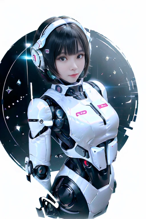 A girl in a futuristic bright white heavily armored robot suit takes a photo、perfect android girl, Female cyborg body, Perfect anime cyborg woman, Beautiful female android!, Female Robot, completely robot!! girl, Cute cyborg girl, Cyber Suit, Girl wearing mecha cybernetic armor, Cyber Suit, beutiful white girl cyborg, Beautiful female android, Beautiful girl cyborg、Cute cyborg girl with short bob hair、Beautiful android sculpture model、(Laughter)、((Rounded, white, sturdy armor))、(((Equipped with long sensor antennas on both ears)))、(((Robot Girl)))、(((Android girls)))、