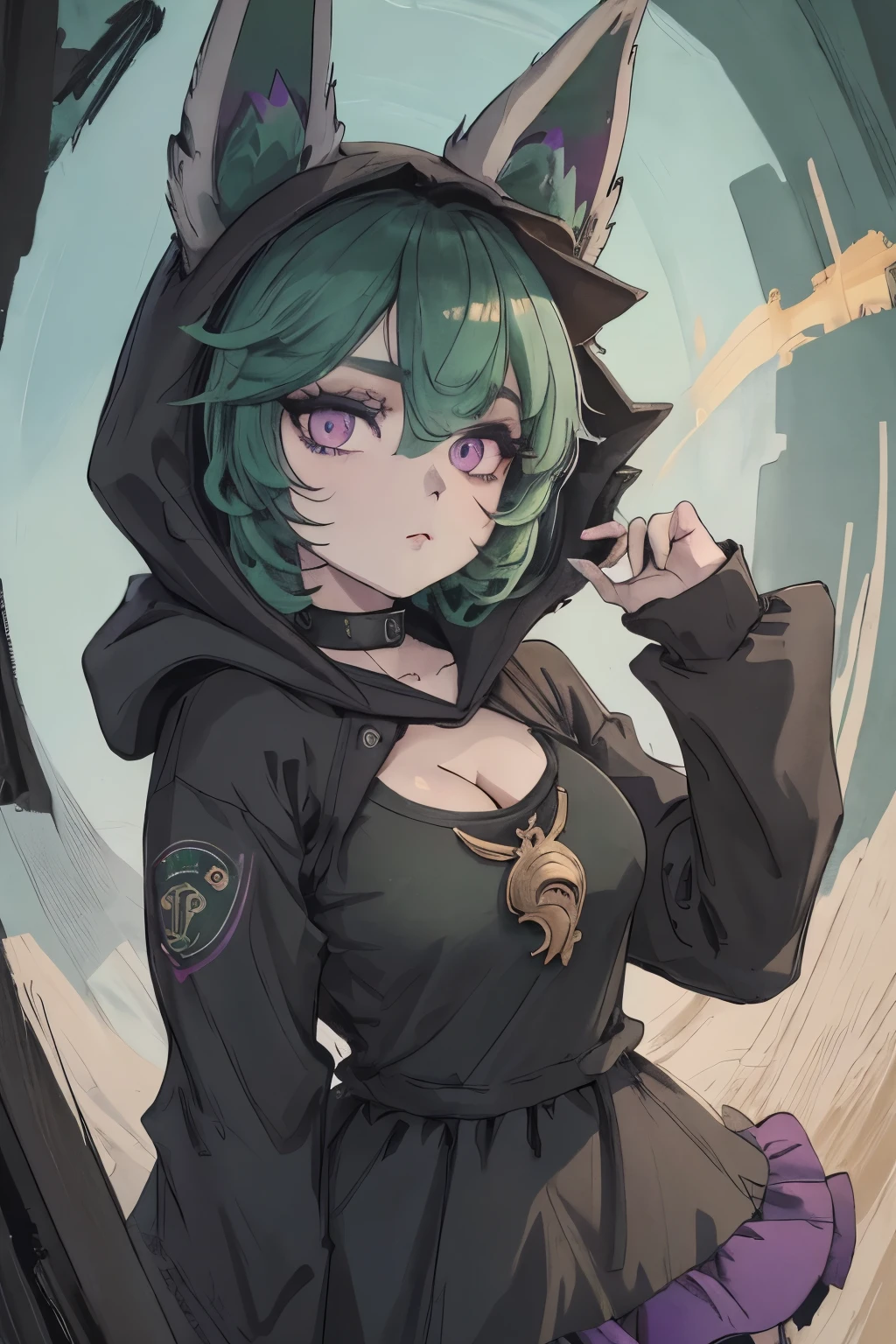 masterpiece,(best quality,top quality,8k),illustration,painting,detailed eyes and face,(1girl),vex,(green hair,short hair),(black pajama,cleavage:1.2),purple eyes,black hoodie,rabbit ears, pretty girl, beauty skin, ultra high res, raw photo, ultra detailed , detailed body , detailed eyes and face , (looking at viewer ),(puffy eyes) ,good contrast , high sharpness,(gorgeous),realistic,RAW Photography,(hyperdetailed:1.2)
