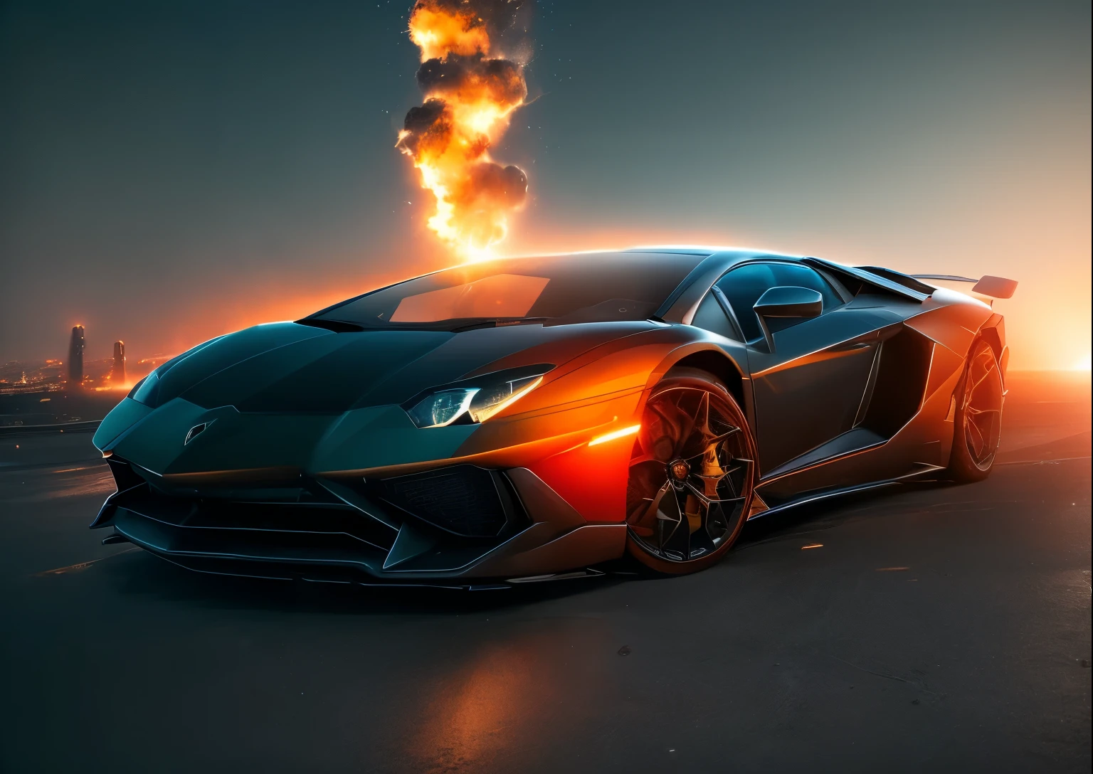 (High-precision realistic 8k ruined city, futuristic sci-fi scenes, super sports car lamborghini aventador, black body, orange kit, moon in the sun, smoke, sparks, panoramic perspective shooting full of movie feeling, realistic texture)  