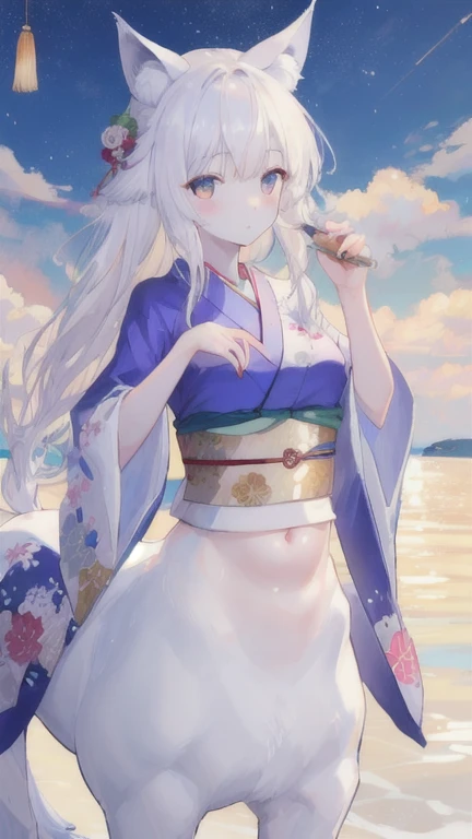 (best quality, masterpiece), 1 girl, centaur, It takes, White skin, Japanese , exposing the abdomen,belly button t-shirt, 아름다운 소녀 perfect wolf photo, perfect wolf photo