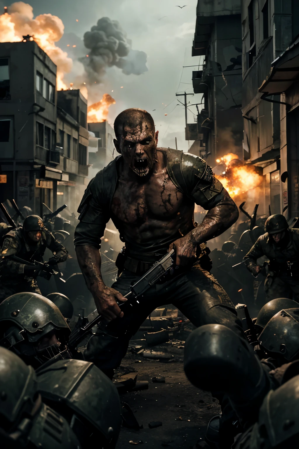 {
"input_message": "Create a highly detailed image of a BSAA soldier fighting thousands of zombies in a residential area. The scene should capture the intense battle with the soldier showcasing advanced weaponry and tactics to fend off the overwhelming horde of undead. The background should depict a chaotic setting with abandoned houses, broken barricades, and hordes of zombies approaching from all directions. The soldier should be in a dynamic pose, displaying determination and skill in the face of danger, conveying the adrenaline-filled atmosphere of a desperate fight for survival. Include detailed weapon and equipment."
}