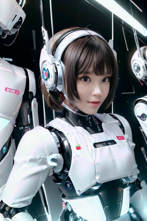 A girl in a futuristic bright white heavily armored robot suit takes a photo、perfect android girl, Female cyborg body, Perfect anime cyborg woman, Beautiful female android!, Female Robot, completely robot!! girl, Cute cyborg girl, Cyber Suit, Girl wearing mecha cybernetic armor, Cyber Suit, beutiful white girl cyborg, Beautiful female android, Beautiful girl cyborg、Cute cyborg girl with short bob hair、Beautiful android sculpture model、(Laughter)、((Rounded, white, sturdy armor))、(((Equipped with long sensor antennas on both ears)))、(((Robot Girl)))、(((Android girls)))、