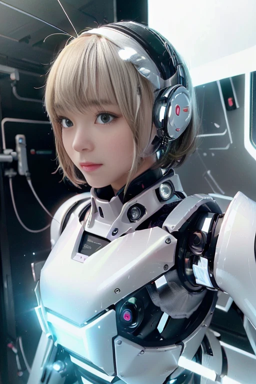 A girl in a futuristic bright white heavily armored robot suit takes a photo、perfect android girl, Female cyborg body, Perfect anime cyborg woman, Beautiful female android!, Female Robot, completely robot!! girl, Cute cyborg girl, Cyber Suit, Girl wearing mecha cybernetic armor, Cyber Suit, beutiful white girl cyborg, Beautiful female android, Beautiful girl cyborg、Cute cyborg girl with short bob hair、Beautiful android sculpture model、(Laughter)、((Rounded, white, sturdy armor))、(((Equipped with long sensor antennas on both ears)))、(((Robot Girl)))、(((Android girls)))、