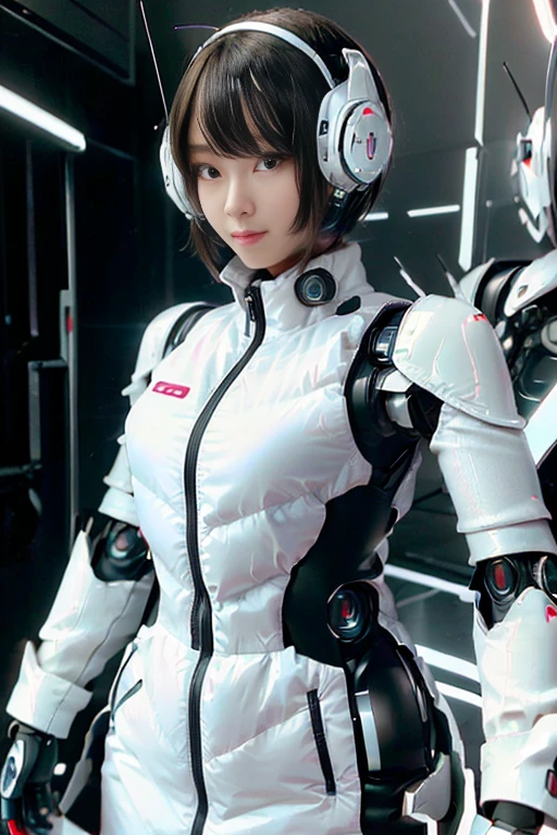 A girl in a futuristic bright white heavily armored robot suit takes a photo、perfect android girl, Female cyborg body, Perfect anime cyborg woman, Beautiful female android!, Female Robot, completely robot!! girl, Cute cyborg girl, Cyber Suit, Girl wearing mecha cybernetic armor, Cyber Suit, beutiful white girl cyborg, Beautiful female android, Beautiful girl cyborg、Cute cyborg girl with short bob hair、Beautiful android sculpture model、(Laughter)、((Rounded, white, sturdy armor))、(((Equipped with long sensor antennas on both ears)))、(((Robot Girl)))、(((Android girls)))、