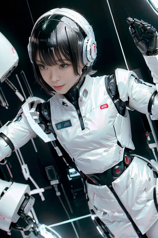 A girl in a futuristic bright white heavily armored robot suit takes a photo、perfect android girl, Female cyborg body, Perfect anime cyborg woman, Beautiful female android!, Female Robot, completely robot!! girl, Cute cyborg girl, Cyber Suit, Girl wearing mecha cybernetic armor, Cyber Suit, beutiful white girl cyborg, Beautiful female android, Beautiful girl cyborg、Cute cyborg girl with short bob hair、Beautiful android sculpture model、(Laughter)、((Rounded, white, sturdy armor))、(((Equipped with long sensor antennas on both ears)))、(((Robot Girl)))、(((Android girls)))、