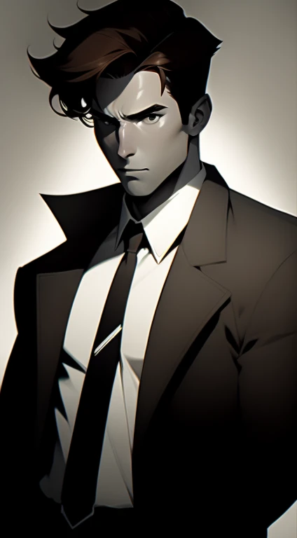 Mid 20s male detective, brown hair, detailed, toned body, simple, Noir et blanc, monochrome, looking at viewer, plain looking, white shirt and tie, gritty, unshaven, trench coat