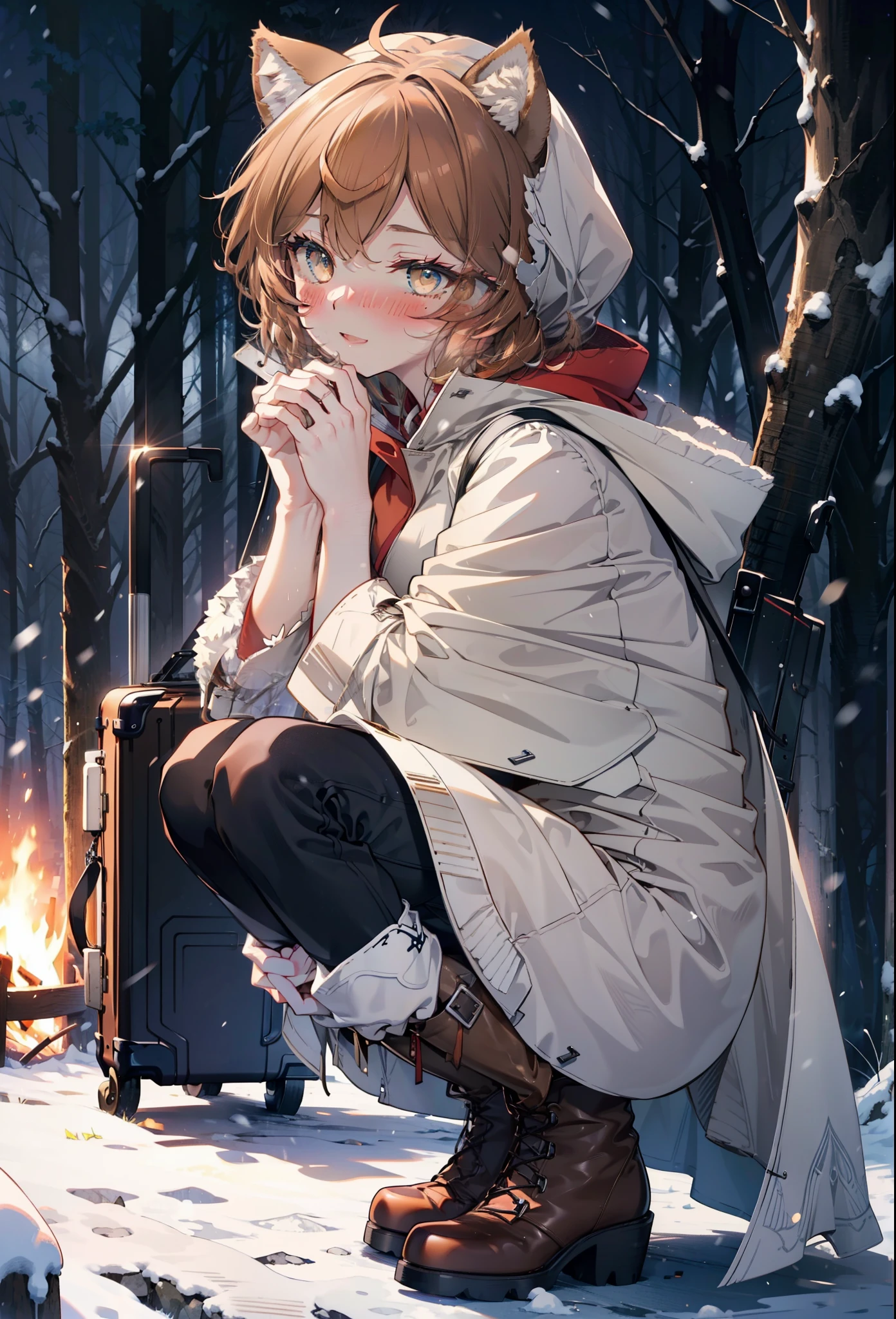 Liliru Card, Liliruca gets burned, Animal ears, (Brown eyes:1.7), Brown Hair, (Flat Chest:1.2), short hair,smile,blush,White Breath,
Open your mouth,snow,Ground bonfire, Outdoor, boots, snowing, From the side, wood, suitcase, Cape, Blurred, having meal, forest, White handbag, nature,  Squat, Mouth closed, Cape, winter, Written boundary depth, Black shoes, red Cape break looking at viewer, Upper Body, whole body, break Outdoor, forest, nature, break (masterpiece:1.2), highest quality, High resolution, unity 8k wallpaper, (shape:0.8), (Beautiful and beautiful eyes:1.6), Highly detailed face, Perfect lighting, Highly detailed CG, (Perfect hands, Perfect Anatomy),