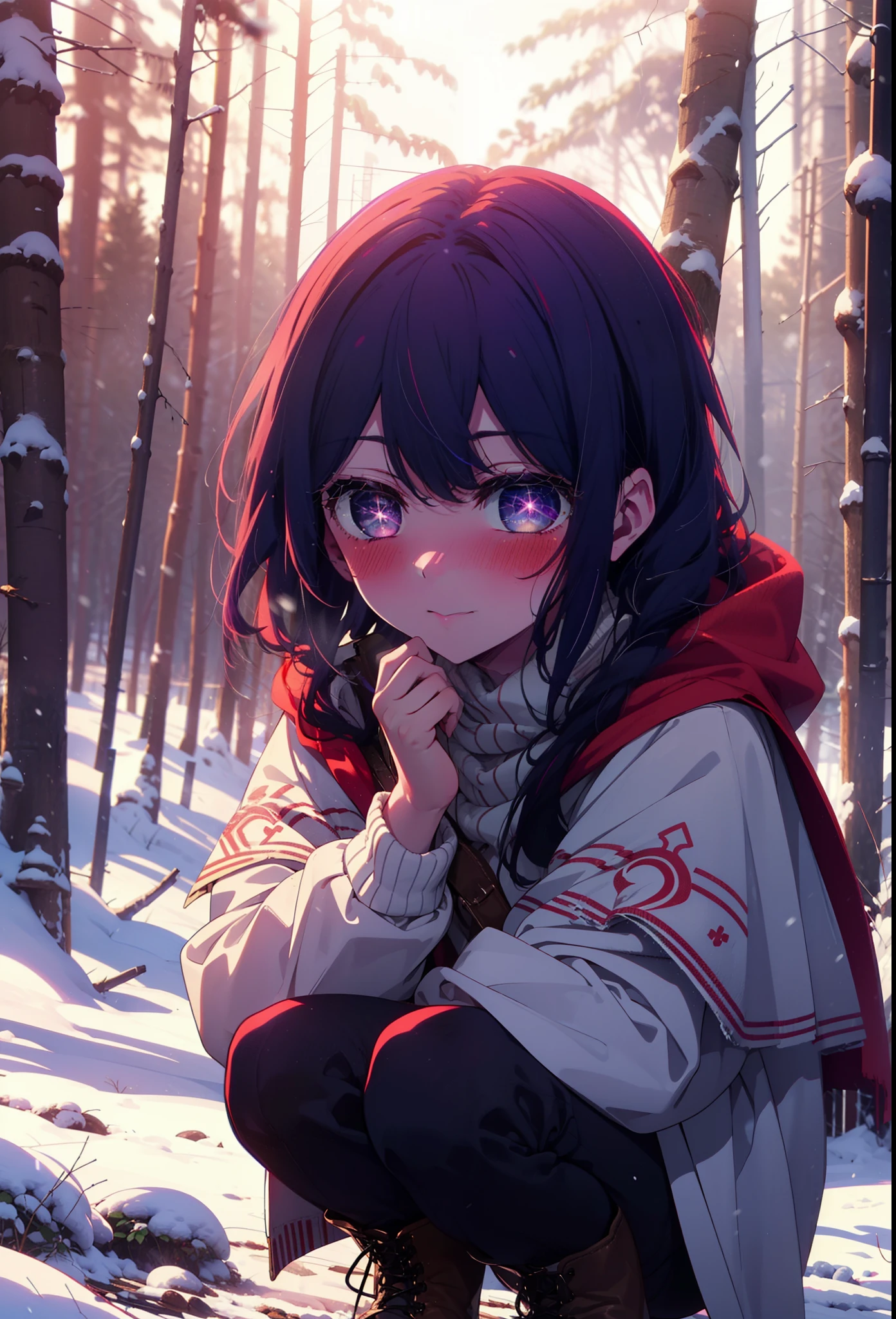 aihoshino, Ai Hoshino, Long Hair, bangs, (Purple eyes:1.1), Purple Hair, (Symbol-shaped pupil:1.5), smile,,smile,blush,White Breath,
Open your mouth,snow,Ground bonfire, Outdoor, boots, snowing, From the side, wood, suitcase, Cape, Blurred, , forest, White handbag, nature,  Squat, Mouth closed, Cape, winter, Written boundary depth, Black shoes, red Cape break looking at viewer, Upper Body, whole body, break Outdoor, forest, nature, break (masterpiece:1.2), highest quality, High resolution, unity 8k wallpaper, (shape:0.8), (Beautiful and beautiful eyes:1.6), Highly detailed face, Perfect lighting, Highly detailed CG, (Perfect hands, Perfect Anatomy),