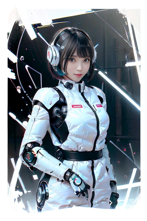 A girl in a futuristic bright white heavily armored robot suit takes a photo、perfect android girl, Female cyborg body, Perfect anime cyborg woman, Beautiful female android!, Female Robot, completely robot!! girl, Cute cyborg girl, Cyber Suit, Girl wearing mecha cybernetic armor, Cyber Suit, beutiful white girl cyborg, Beautiful female android, Beautiful girl cyborg、Cute cyborg girl with short bob hair、Beautiful android sculpture model、(Laughter)、((Rounded, white, sturdy armor))、(((Equipped with long sensor antennas on both ears)))、(((Robot Girl)))、(((Android girls)))、