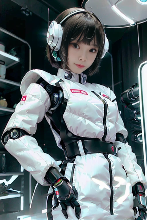 A girl in a futuristic bright white heavily armored robot suit takes a photo、perfect android girl, Female cyborg body, Perfect anime cyborg woman, Beautiful female android!, Female Robot, completely robot!! girl, Cute cyborg girl, Cyber Suit, Girl wearing mecha cybernetic armor, Cyber Suit, beutiful white girl cyborg, Beautiful female android, Beautiful girl cyborg、Cute cyborg girl with short bob hair、Beautiful android sculpture model、(Laughter)、((Rounded, white, sturdy armor))、(((Equipped with long sensor antennas on both ears)))、(((Robot Girl)))、(((Android girls)))、