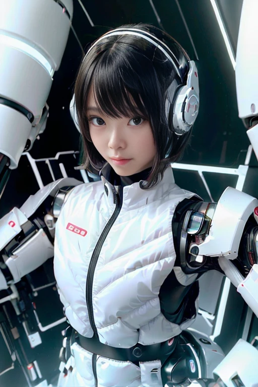 A girl in a futuristic bright white heavily armored robot suit takes a photo、perfect android girl, Female cyborg body, Perfect anime cyborg woman, Beautiful female android!, Female Robot, completely robot!! girl, Cute cyborg girl, Cyber Suit, Girl wearing mecha cybernetic armor, Cyber Suit, beutiful white girl cyborg, Beautiful female android, Beautiful girl cyborg、Cute cyborg girl with short bob hair、Beautiful android sculpture model、(Laughter)、((Rounded, white, sturdy armor))、(((Equipped with long sensor antennas on both ears)))、(((Robot Girl)))、(((Android girls)))、