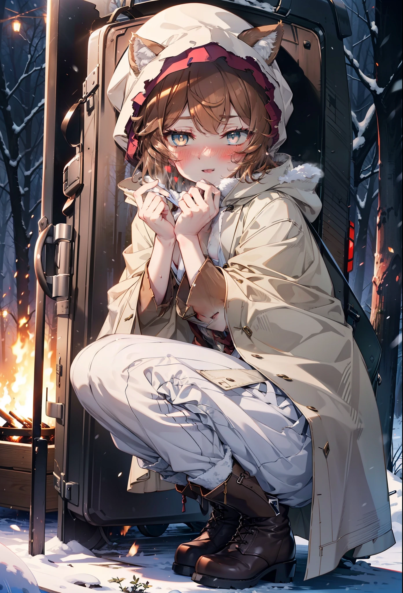 Liliru Card, Liliruca gets burned, Animal ears, (Brown eyes:1.7), Brown Hair, (Flat Chest:1.2), short hair,smile,blush,White Breath,
Open your mouth,snow,Ground bonfire, Outdoor, boots, snowing, From the side, wood, suitcase, Cape, Blurred, having meal, forest, White handbag, nature,  Squat, Mouth closed, Cape, winter, Written boundary depth, Black shoes, red Cape break looking at viewer, Upper Body, whole body, break Outdoor, forest, nature, break (masterpiece:1.2), highest quality, High resolution, unity 8k wallpaper, (shape:0.8), (Beautiful and beautiful eyes:1.6), Highly detailed face, Perfect lighting, Highly detailed CG, (Perfect hands, Perfect Anatomy),