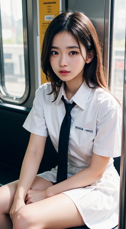 (masterpiece, highest quality:1.2), 8k, s, 85mm, Official Art, RAW Photos, Absurd, White dress shirt, Pretty face, close, Upper Body, Violet, Gardenias, beautiful girl, , (Navy Pleated Skirt:1.1), Squeeze the waist, Thighs, Short sleeve, in the train, Sitting on a bench seat, View Viewer, No makeup, (smile:0.4), Film Grain, chromatic aberration, Sharp focus, Face Light, Bright lighting, Teen, Detailed face, Bokeh Background, (Dark red tie:1.1)