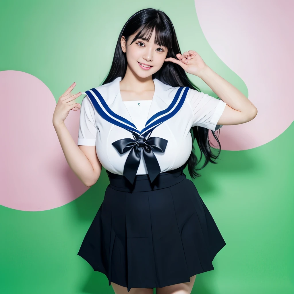 女の子1 person, alone, highest quality, 8k, Japanese women photos, 17 years old, kindergarten teacher, 長くてストレートなBlack Hair,, ((Plump)), ((Big Breasts)),Sailor suit,Sailor suit,, The best smile,Grow eyes, Shining happiness, Caring personality, Sweet feminine aura, Calm but firm attitude, Lightly freckled cheeks, A spirit of warmth and joy, Discreet and perfect for class,Eyes that shine with devotion, a humble and dedicated kindergarten teacher, 1 person,超Big Breasts,Big Breasts,Sailor suit,mini skirt,Black HairのストレートLong Hair,Long Hair,Black Hair,17 years old,valley,My chest is about to burst,Cute pose,Cute pose,Purikura,Purikura,Finger Heart,The whole body was photographed,The whole body was reflected,Leather shoes,Solid green background,Solid green background,Green background