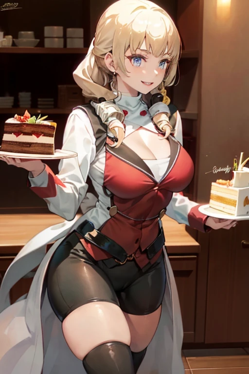 (dynamic angle:1.3, front view:1.1, breast focus:1.3, from above:1.1), (dynamic posing:1.2, sexy posing:1.2), (seductive smiling:1.3), ((looking at cake,Taking a cake out of the golden oven, worried about the outcome:1.2)),highest quality、(real、photorealistic:1.4),(ultra high resolution, 8K RAW photo, clear focus), best qualtiy, natural lighting, field depth, (Bright pupils, detailed beautiful eyes, high detailed face), Red lip, (tight focus:1.2), a girl 22yo old, Wearing a pastry chef uniform:1.3 , Thicc, thin breast, long hair, blue eyes,garter stocking, cleavage:1.2, midriff, black shorts, black thighhighs, thigh strap, pretty girl, (highly detailed beautiful face and eyes,firm breasts),real skin,((black,hair,long pony tail hair)),thin pubic hair,cute,lovely, detailed eyes,(double breasted:1.0,under bust:1.0),(with sparkling eyes and a contagious smile),open mouth, Looking at Viewer,A scene of cooking in the kitchen,looking at the golden oven
