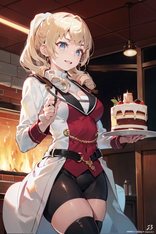 (dynamic angle:1.3, front view:1.1, breast focus:1.3, from above:1.1), (dynamic posing:1.2, sexy posing:1.2), (seductive smiling:1.3), ((looking at cake,Taking a cake out of the golden oven, worried about the outcome:1.2)),highest quality、(real、photorealistic:1.4),(ultra high resolution, 8K RAW photo, clear focus), best qualtiy, natural lighting, field depth, (Bright pupils, detailed beautiful eyes, high detailed face), Red lip, (tight focus:1.2), a girl 22yo old, Wearing a pastry chef uniform:1.3 , Thicc, thin breast, long hair, blue eyes,garter stocking, cleavage:1.2, midriff, black shorts, black thighhighs, thigh strap, pretty girl, (highly detailed beautiful face and eyes,firm breasts),real skin,((black,hair,long pony tail hair)),thin pubic hair,cute,lovely, detailed eyes,(double breasted:1.0,under bust:1.0),(with sparkling eyes and a contagious smile),open mouth, Looking at Viewer,A scene of cooking in the kitchen,looking at the golden oven
