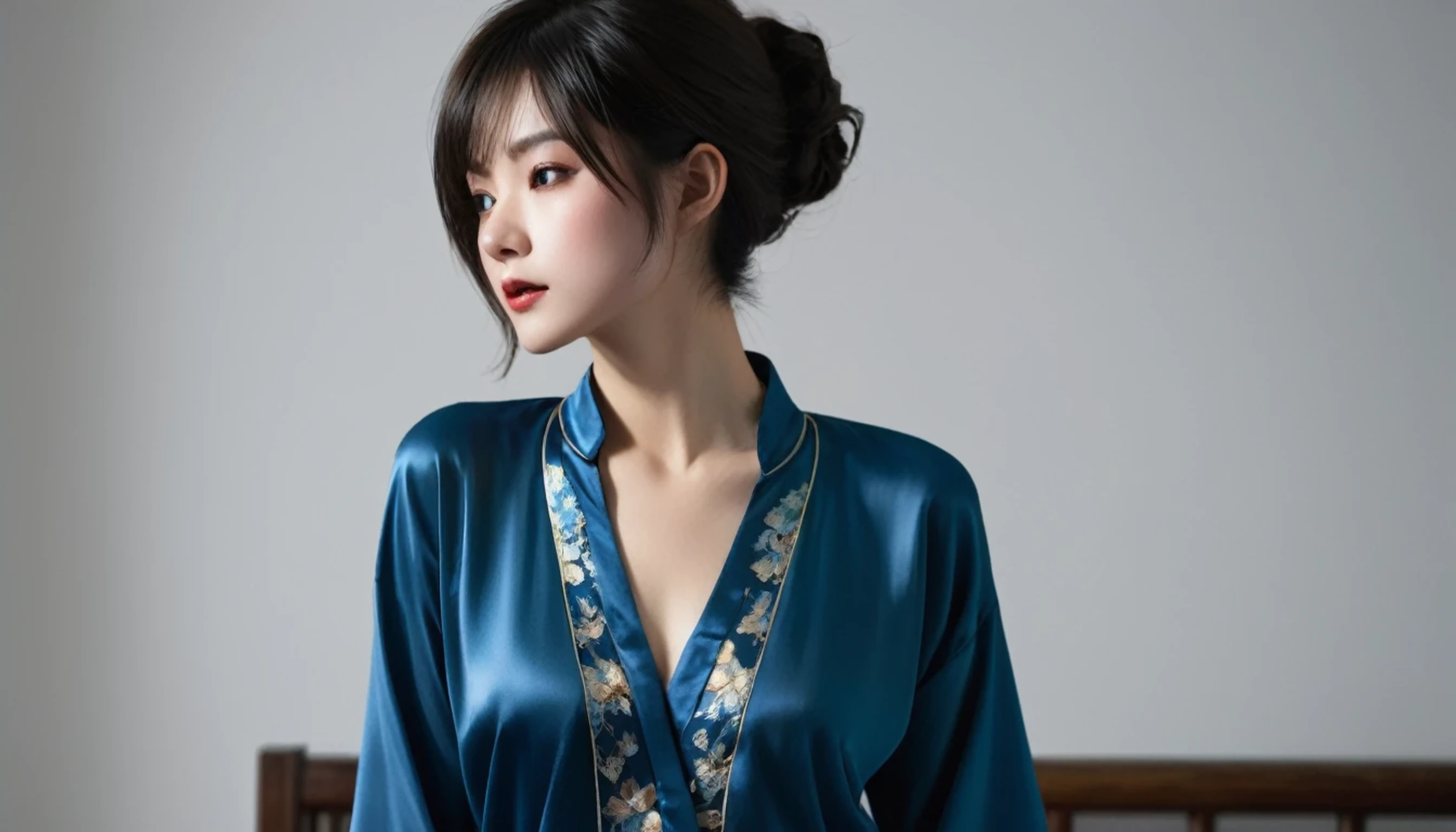 (((Skinny girl in oversized satin see-through shirt and hot pants exposing her back, Wide neckline, small and taut breasts, Beautiful fine details, No lipstick, Highly detailed face, Asymmetrical Pixie Haircut, Small hips, In the dungeons, Dim light from one side, Behind you))), a photo of a young woman wearing a blue dress on top of a bed, 1girl, solo, chinese clothes, china dress, dress, realistic