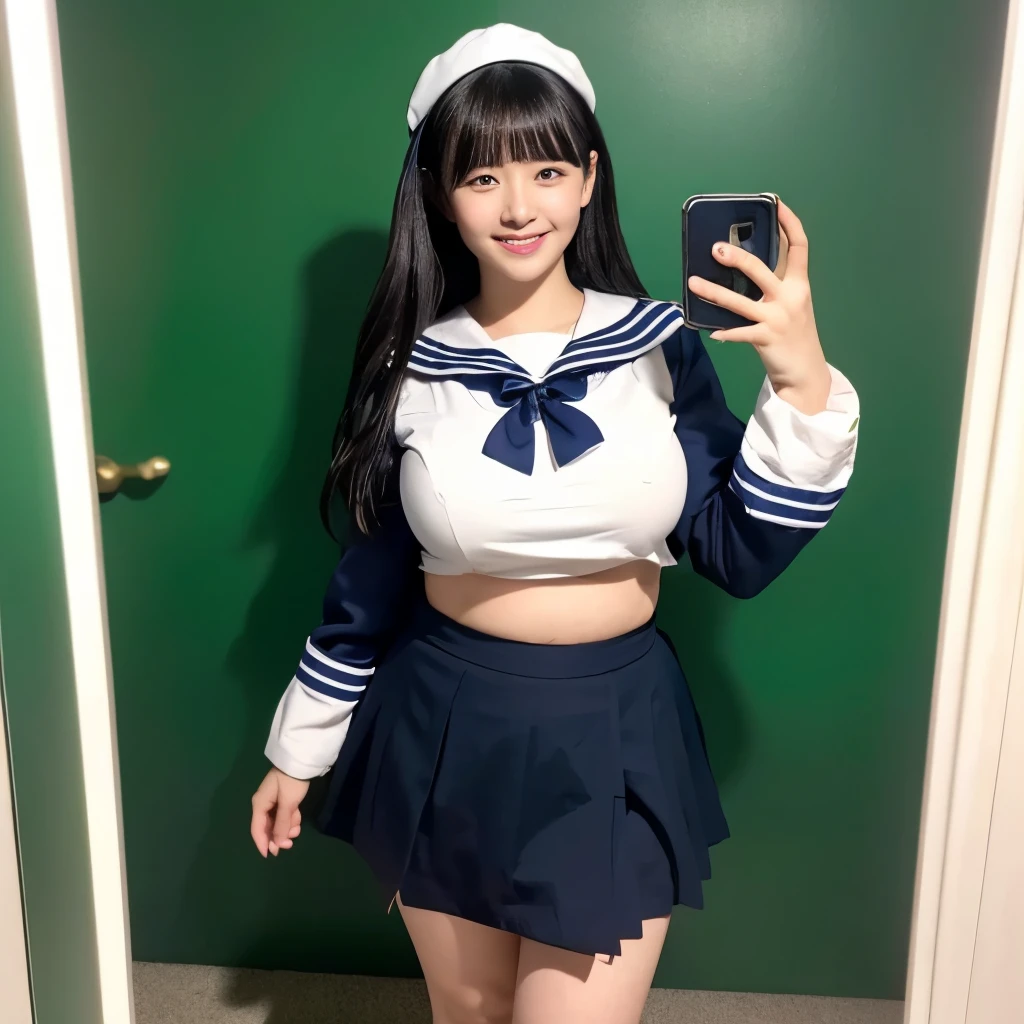 女の子1 person, alone, highest quality, 8k, Japanese women photos, , kindergartenてストレートなBlack Hair,, ((Plump)), ((Big Breasts)),Sailor suit,Sailor suit,, The best smile,Grow eyes, Shining happiness, Caring personality, Sweet feminine aura, Calm but firm attitude, Lightly freckled cheeks, A spirit of warmth and joy, Discreet and perfect for class,Eyes that shine with devotion, a humble and dedicated kindergarten teacher, 1 Breasts,Big Breasts,Sailor suit,mini skirt,Black HairのストレートLong Hair,Long Hair,Black Hair,17 years old,valley,My chest is abouute pose,Cute pose,Purikura,Purikura,Finger Heart,The whole body was photographed,The whole body was reflected,Leather shoes,Solid green background,Solid green background,Green background
