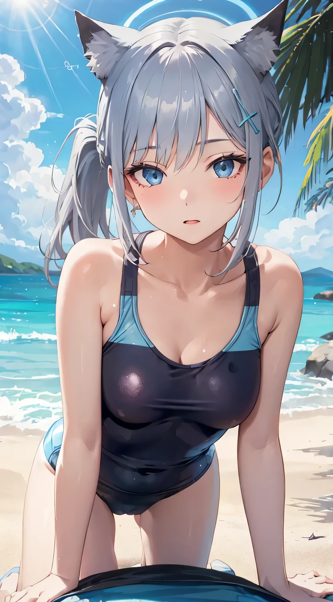 (highest quality, masterpiece),(One girl), Beautiful face with attention to detail, (Silver Hair、medium hair (shoulder length),wolf cut,ponytail), Light blue hairpin, Cat ear、Long Hair、Straight Hair、Fluttering in the wind、Beautiful, detailed eyes, Sparkling eyes,Cute face、(Medium sized breasts、Slender body)、((Black school swimsuit、tight、nsfw))、Tropical Beach、cave、On all fours