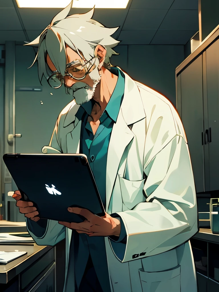 Old grandpa scientist with a iPad in his hand in a laboratory makoto shinkai style