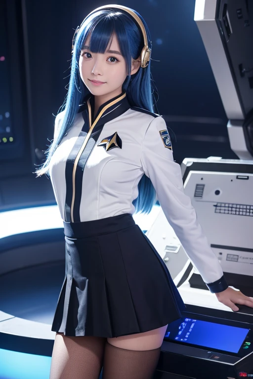 Tabletop, highest quality, 8k、(Golden ratio face、Balanced Eyes、Very gentle eyelids)、double eyelid、Innocent face、Young Face、Beautiful nose、Embarrassed laugh、Lip gloss 、Very beautiful girl、Beautiful girl solo like a model、 Wearing Starfleet uniforms, Starfleet uniform、Clear costume design、Shiny uniform、Blue Hair、Put the headset on your head、Skirt、pantyhose、battleship cockpit,SFworld,Anime World Girl、Futuristic Background、